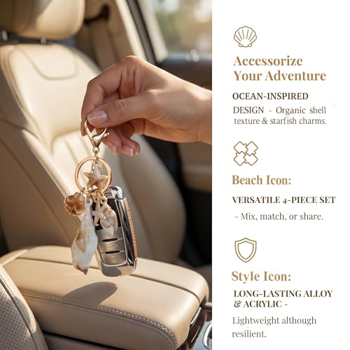 4 Pcs Ocean Themed Keychains for Women - Resin Seashell Starfish Boho Beach Bag Charms with Gold-Plated, Summer Vacation Purse Backpack Pendant Key Ring Gifts