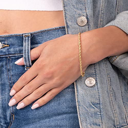 Barzel 18K Gold Plated Rope Chain Bracelet - Made In Brazil - color: 3MM, size: 7.5 Inches