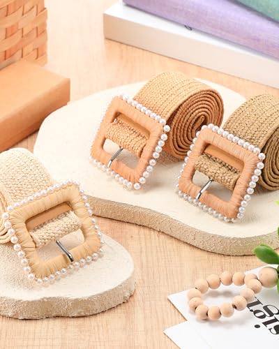 WILLBOND 3 Pcs Women Straw Stretch Belt Elastic Rattan Belts Straw Boho Raffia Belts for Ladies Woven Waist Belt for Dresses - size: Medium, style: Elegant