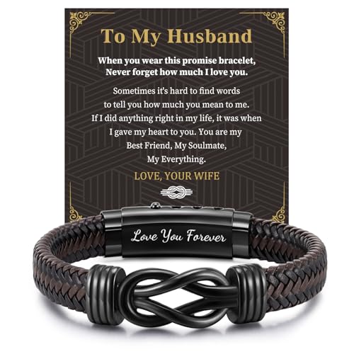 MEALGUET Men's Bracelets Gifts for Men - Brown Braided Leather Infinity Knot Bracelets Engraved Love Massage for Son Man Husband Boyfriend, Mens Bracelet Jewelry Gift for Birthday Valentine's - style: to my husband bracelet