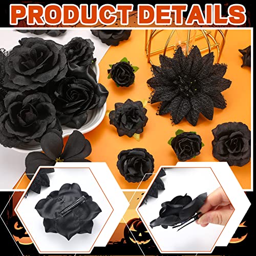 BBTO 21 Pcs Flower Hair Clip Rose Hair Clips Barrettes for Women Flower Accessories Boho Bride Claw Clip Hairpin Brooch Pin Headpiece for Wedding (Black) - color: Black