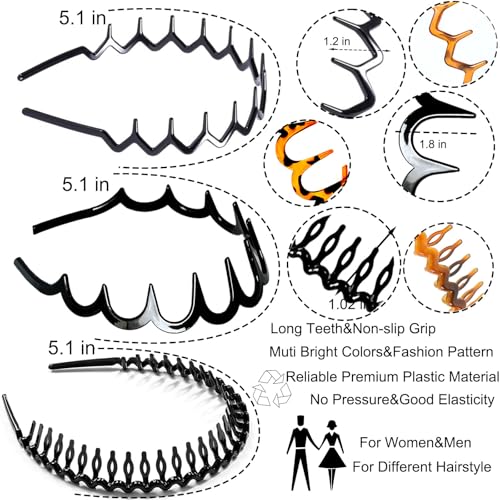 6 PCS Zig Zag Headbands Plastic Wavy Hair Head Band Comb with Teeth Hoop Accessories for Women Men Girls, Versatile Bright Black&Retro Leopard - color: Versatile Bright Black&Retro Leopard