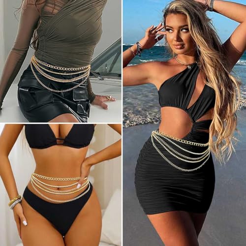Rhinestone Waist Chain Body Chain Crystal Body Jewelry for Women Layered Rhinestones Belly Chain Summer Beach - color: Gold