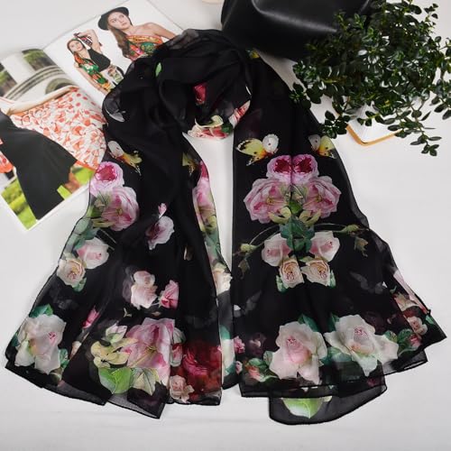 100% Mulberry Silk Women's Neck Silk Scarf-Lightweight Shawl,FLoral Print Beach Silk Wrap-Scarves for Photography - color: Black