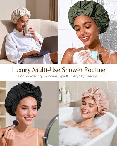 Yanibest Shower Cap Reusable Waterproof, Wide Elastic Band Bath Cap - Comfortable & Durable Bath Hair Hat for Women - color: Green