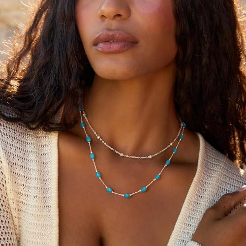 Created Turquoise Necklace for Women 14K Gold Plated Beaded Heart Choker Boho Necklaces Handmade Beach Summer Everyday Western Jewelry Gifts - color: Silver Chain, style: Oval