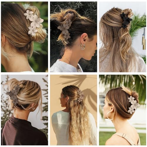 ANBALA 4PCS Hawaiian Plumeria Flower Hair Clips - Large Non-Slip Matte Claw Clips for Women, Strong Hold Beach Hair Accessories - color: brown, black, white，apricot