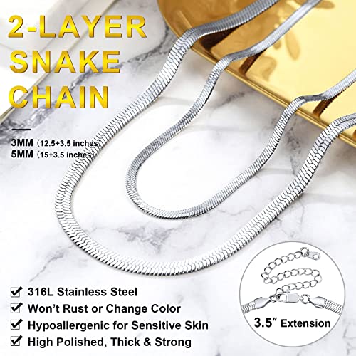 FOCALOOK 14K Gold Plated Necklaces for Women, Fashion Herringbone Choker Necklace Stainless Steel Flat Snake Chain 3/5MM(W) 12.5"/15"/18"+3.5"(L) - color: 5MM-15"&3MM-12.5" Layered-Silver