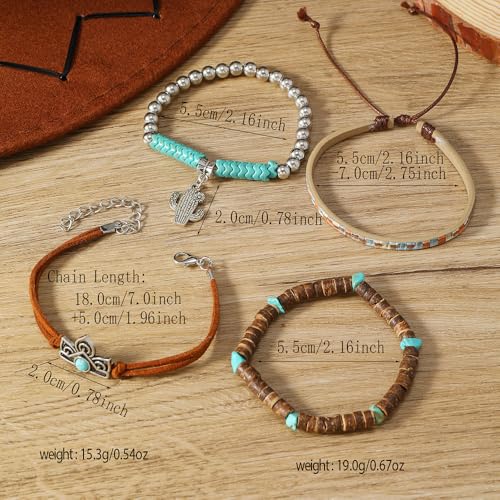 Western Turquoise Beaded Bracelet Stack - Vintage Cowgirl Stretch Set with Bull Skull, Feather & Boot Charms, Handmade Boho Jewelry for Rodeo, Country Concerts & Casual Western Outfits - style: 4