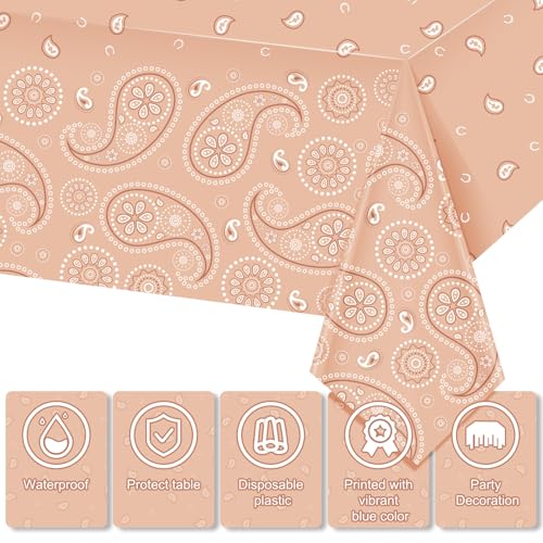 Tatuo Western Party Tablecloth Paisley Table Cover Bandana Plastic Table Cloth Rectangle Floral Tablecloth for Western Cowboy Themed Party 108 X 54 Inch(Apricot,3 Pack) - color: Apricot