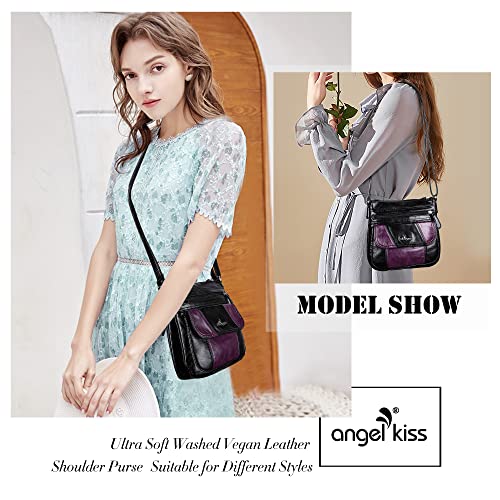 Angelkiss Small Womens Crossbody Bag Leather Shoulder Purse for Women Hobo Bag with Adjustable Shoulder Strap - color: Black/Purple