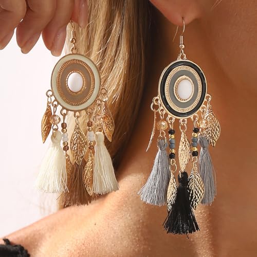 Bohemian Silk Tassels Statement Earrings Vintage Lightweight Gold Leaf Geometric Handmade Beads Drop Dangle Earring Ethnic Style Trendy Jewelry Accessories for Women - color: Beige