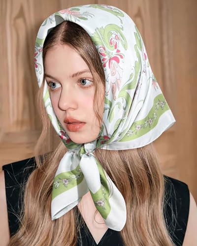 AWAYTR 27.5” Square Satin Head Scarf Hair Scarf for Women's Hair Silk Bandana for Women Silk Head Wrap for Sleeping - color: Flowers (Light Green)