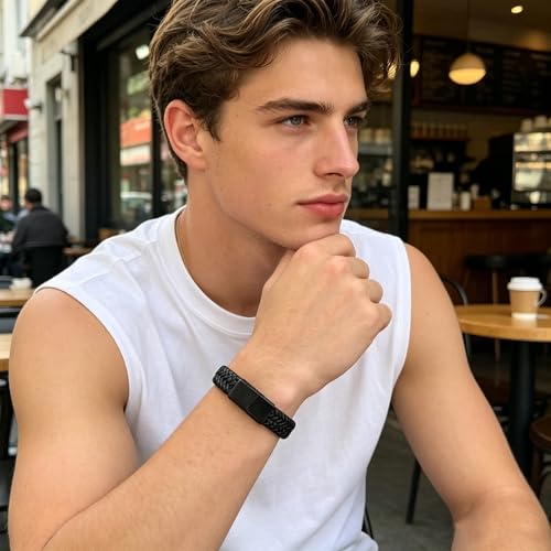 Men's Leather Bracelet, Stackable Stainless Steel Clasp Bracelets for Men Stylish Birthday, Thanksgiving, Valentine's Day Gift for My Man - style: 7.8" Pure Black