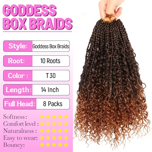 Goddess Boho Box Braids Crochet Hair-8 Packs 14 Inch Crochet Box Braids for Black Women Pre Looped (T30, 14 Inch (Pack of 8)) - color: T30, size: 14 Inch (Pack of 8)