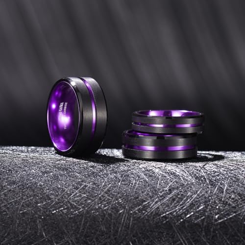 King Will Mens Tungsten Rings for Men Two Tone Grooved Mens Wedding Band Cool - color: Purple 8mm