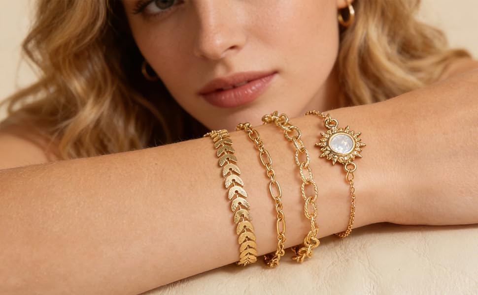 Alegend Titanium Steel (Not Rust, Resist Corruption, Easily Clean) 18K Gold Plated Single Bracelets + 14K Gold Plated Stackable Multilayer Bracelets - style: 14KGold + 4PCS F
