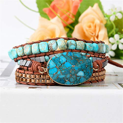 YGLINE Boho Handmade Wrap Leather Tube Crystal Stone Bracelet for Women - color: Turquoise