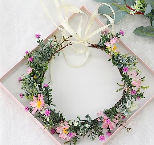 Vivivalue Wedding Floral Crown Adjustable Flower Headband Hair Wreath Floral Headpiece Halo Boho with Ribbon Party Prom Festival Photos - color: 3
