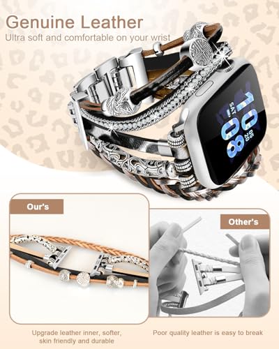 Compatible with Apple Watch Band 40mm for Women, Boho Bracelet for Apple Watch 38mm 41mm, Multilayer Leather Wrap Braided Strap for iWatch Series 11/10(42mm)/9/8/7/6/5/4/3/2/1/SE Leopard Black - color: A-Leopard Black, size: 42(series 11/10)/41/40/38mm