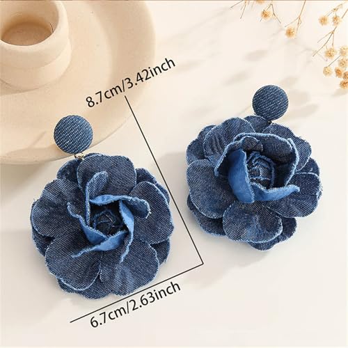 coadipress Boho Denim Camellia Flower Dangle Earrings for Women Exaggerated Big Layered Tiered Blossom Floral Drop Long Earring Chic Statement Earrings Wedding Bridal Jewelry Gifts - style: Flower Dark Blue