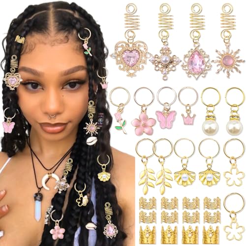 36PCS Pink Crystal Hair Jewelry Butterfly Braids Clips Flower Loc Jewelry Pearl Hair Charms Gold Hair Cuffs Rings Valentine's Day Braids Accessories for Women and Girls - color: Gold&Pink
