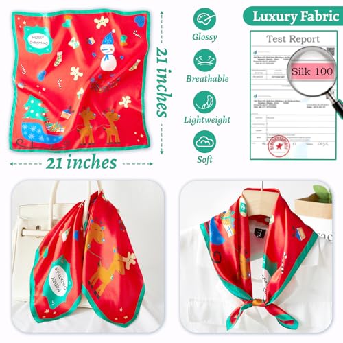 100% Mulberry Silk Neck Scarf 21''x21'' Small Square Hair Scarf for Women Men Lightweight Bandana Envelope Package - color: Snowman Pattern-red