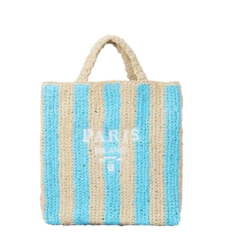 Straw Beach Bag for Women Summer Woven Tote Bag Packable Straw Purses and Handbags for Vacation Holiday - color: M-blue
