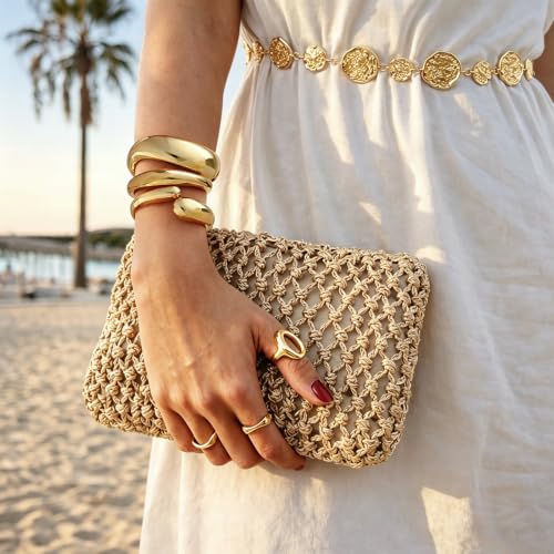Chunky Gold Bangle Bracelets for Women Trendy 14K Gold Plated Cuff Bracelets Stack, Dainty Gold Bracelet Sets Non Tarnish Fashion Jewelry Gift - style: Gold-3pc-009
