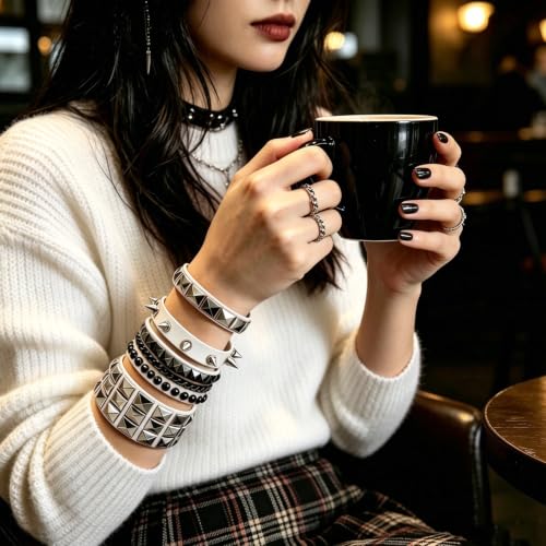 Handmade Black Leather Wrap Studded Bracelets for Women Men, 4Pcs Vintage Punk Wrist Cuff Bangle Wristband Emo Jewelry Gifts - style: White Square Stud Style