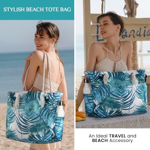 Clothirily Beach Bag for Women - Large Beach Tote Bag, Waterproof Sandproof Beach Bag with Zipper, Large Swim Pool Beach Tote - color: Green Leaves