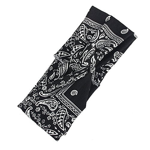 Assorted Paisley Print Wide Bandana Knot Headbands Criss Cross Head Wrap Hair Band (Black) - color: Black