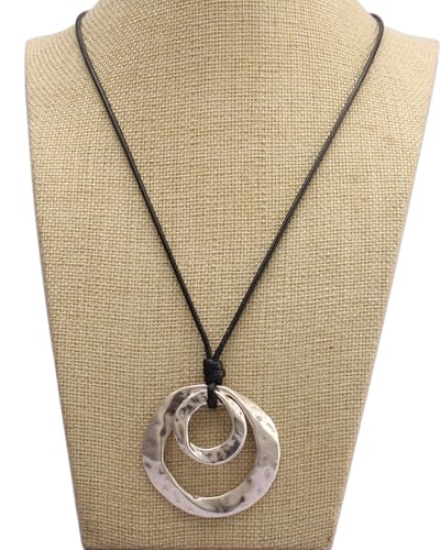 GelConnie Leather Necklace for Women Round Wooden Pendant Long Leather Choker Vintage Sweater Necklace Gold Chunky Boho Necklaces for Women - style: 2 Circles Silver Necklace