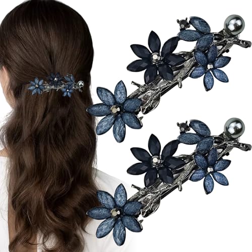 Arvintas 2 Pack Hair Clips, Ink-Blue Vintage Rhinestone Hair Clips Sparkly Crystal Clips Flower Small Hair Barrettes, Fancy Wedding Hair Accessories for Women Girls Bridal - color: Ink-Blue