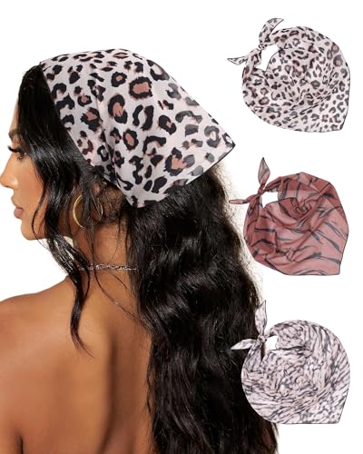 AWAYTR 3Pcs Hair Bandanas Head Kerchief for Women Girls Tie-Back Boho Hair Scarf Headband Bandana Triangle Head Scarf - color: Large Leopard + Zebra Print + Mottled Color