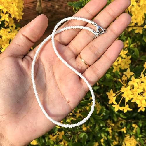 Tgirls Boho Choker Necklace Chain Rice Beaded Necklaces Seed Bead Necklace Accessory for Women - color: White