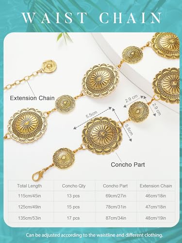 FIORETTO Western Waist Chain Belt Metal Concho Belt for Women Cowgirl Cowboy Boho Country Belt for Dress Jean - color: Gold-25, size: Fit Waist Up to 42"