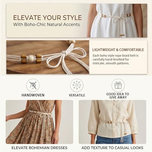 LIMHOO Women's Boho Braided Belt Adjustable Beaded Rope Waist Belts for Dresses - color: 583 Brown