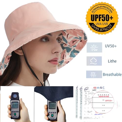 vidsel Womens Sun Hats Wide Brim Reversible Bucket Cotton Hat Packable Summer Travel Cap with Hat Clip,UV Protection - color: Pink, size: Medium