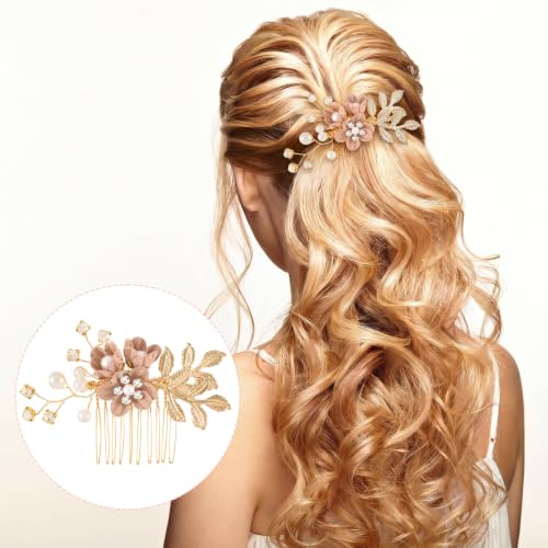 HINZIC 4pcs Flower Tassels Hairpin for Women, Crystal Pearl Hair Comb, Pink | Non-Slip, 4 Styles, Alloy Made, Adorned with Rhinestones and Pearl, for Wedding, Brides, Parties, for Long Hair - color: Pink-4pcs