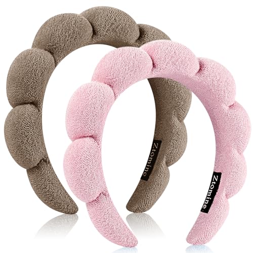 Ztomine Spa Headbands, Set of 2, Terry Cloth Headband Face Wash Headband Combo Pack - Puffy Makeup Headbands for Face Washing, Mask (Dark khaki + pink) - color: Dark khaki + pink