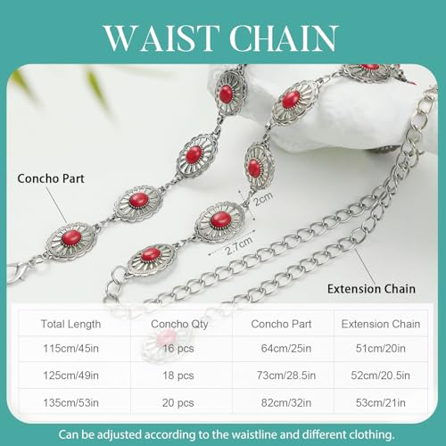 FIORETTO Western Waist Chain Belt Metal Concho Belt for Women Cowgirl Cowboy Boho Country Belt for Dress Jean - color: Red-silver-19, size: Fit Waist Up to 38"
