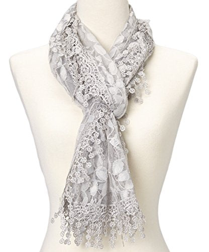 Cindy & Wendy Lightweight Soft Leaf Lace Fringe Scarf Bridal Shawl for Women - color: Light Gray