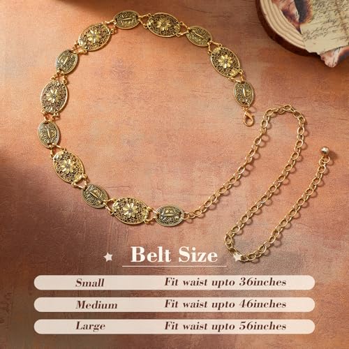 XZQTIVE Women Boho Chain Belts For Dresses Jeans Western Cowgirl Waist Links Belt Adjustable Metal Concho Belt - size: Fit Waist upto 36inches, style: Classic Antique Gold