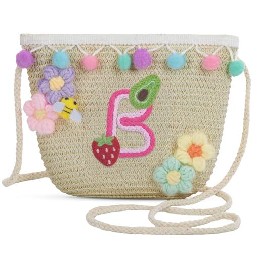 Letter Small Woven Straw Summer Beach Tote Bag for Women 2025,Woven Straw Beach Purse Shoulder Crossbody Bag for Women 2025 - color: Brown B