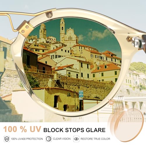 CARFIA Double Bridge Small Acetate Sunglasses for Women Polarized, Retro Metal Brow Ladies Sunnies Fashion Round Eyewears - color: 5. Translucent Yellow Frame Green Lens