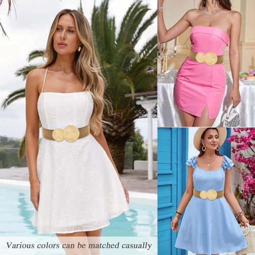 Women Wide Stretchy Waist Belts Elastic Cinch Belt for Dresses - color: Bling Brown Band Gold Buckle, size: Fit Waist 32"-34"