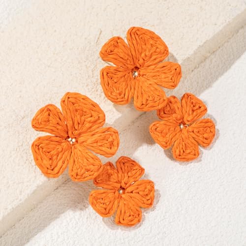 Boho Flower Earrings Statement Raffia Dangle Earrings Cute Floral Jewelry Trendy Summer Beach Vacation Outfits for Women - color: Orange