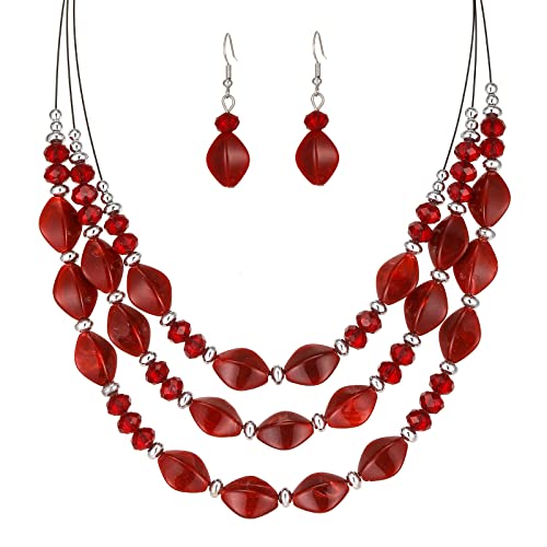 3 Layered Chunky Statement Necklace for Women Beaded Strand Necklaces with Earring Fashion Costumes Collar Necklace Jewelry Sets Gifts for Women - color: Red