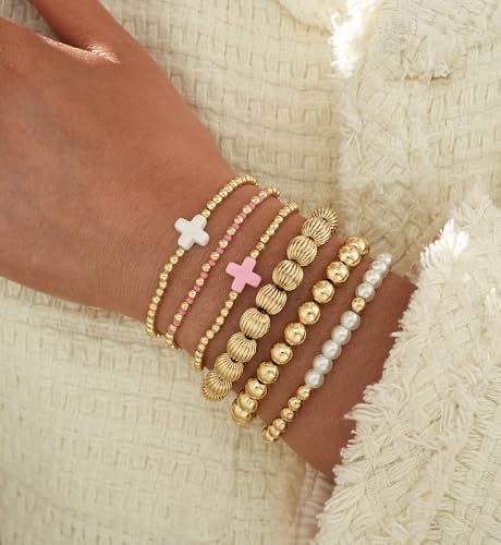 Gold Beaded Bracelets for Women, 14K Real Gold Plated Jewelry for Women Dainty Pearl Bead Bracelets Stack, Non Tarnish Trendy Stackable Ball Cross Stretch Bracelet Set Fashion Accessories Gifts - color: Gold pink cross bead